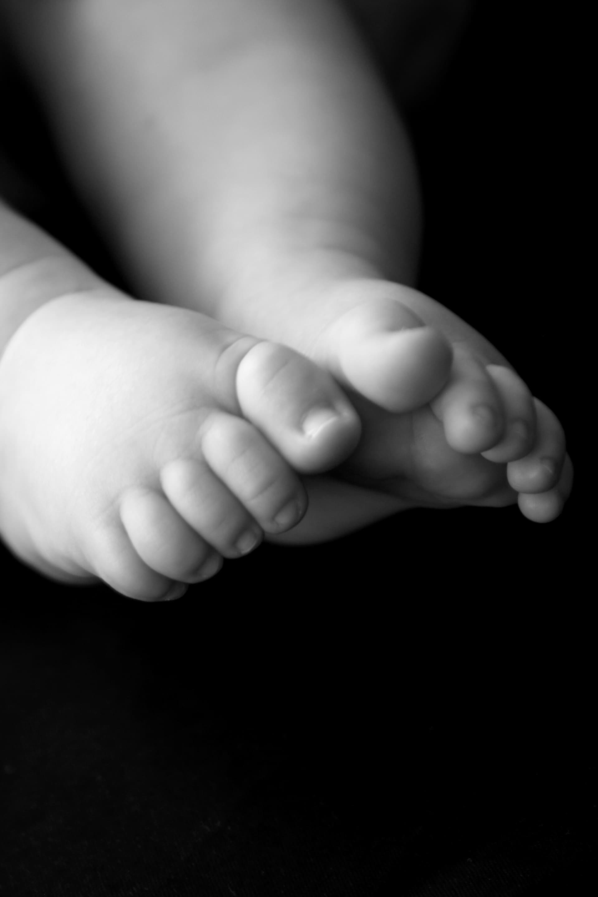Newborn baby feet in black and white